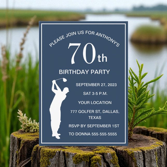 Invitation 70e Anniversaire de la fête Golfer Marine Blue Par (Créateur téléchargé)
