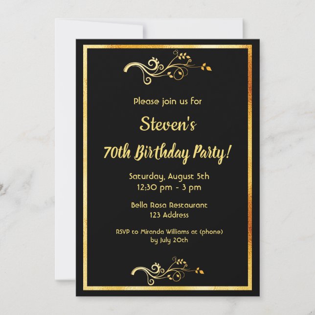 Invitation 70e anniversaire de la fête noir or déco gars (Devant)