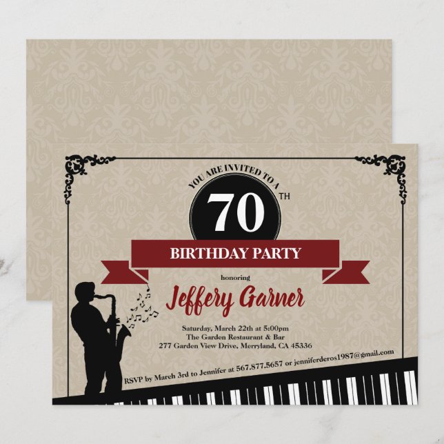 Invitation 70e anniversaire de la fête Thème de musique jazz (Devant / Derrière)