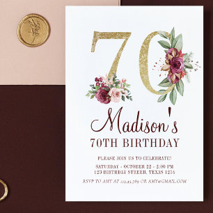 Invitation 70e anniversaire de luxe Bourgogne or Floral