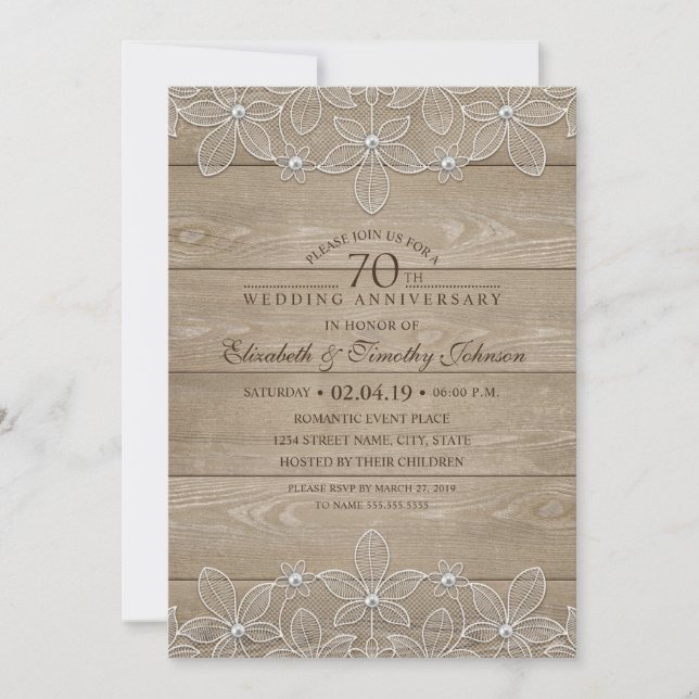 Invitation 70e Anniversaire de Mariage Bois Rustique Dentelle (Devant)