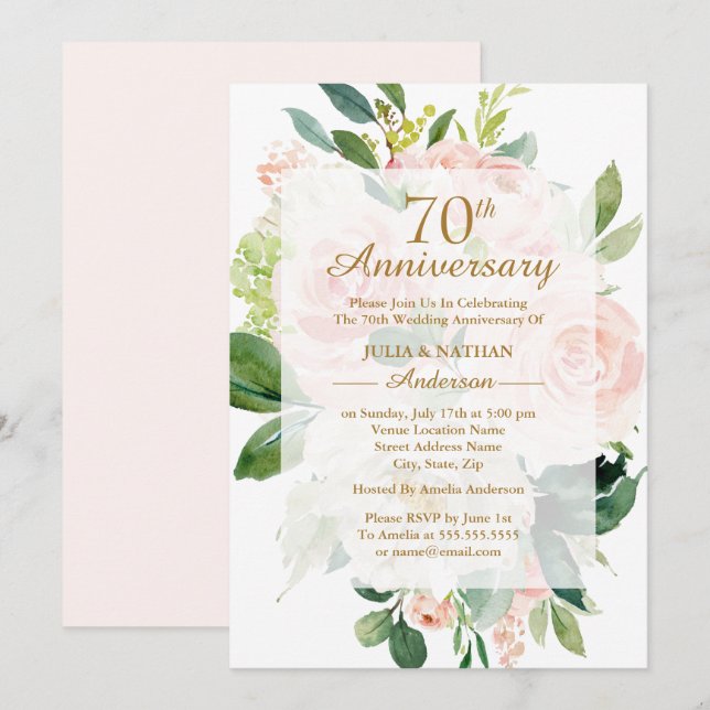 Invitation 70e anniversaire de mariage Elegant Rose Fleurie (Devant / Derrière)