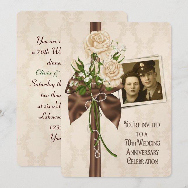 Invitation 70e anniversaire de Mariage Rose (Devant / Derrière)