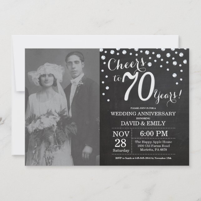 Invitation 70e anniversaire du Mariage Chalkboard Black Silve (Devant)