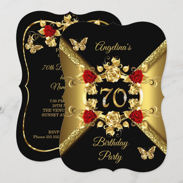 Invitation 70e anniversaire Elégant Or Roses rouges Noir (Devant / Derrière)