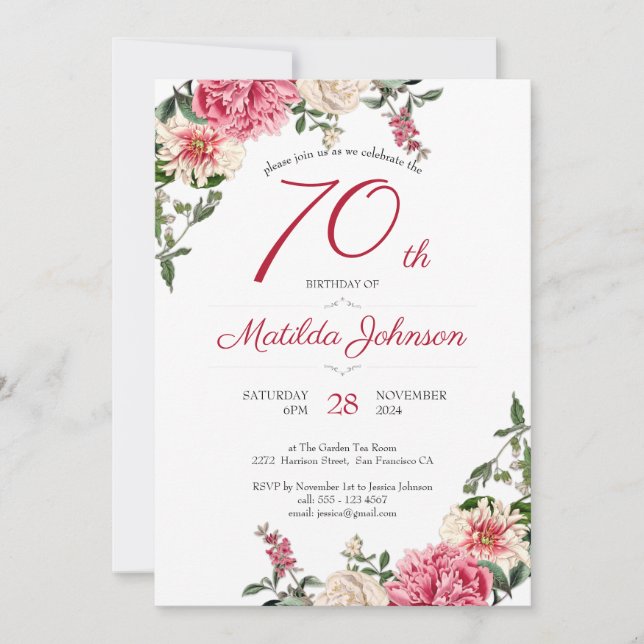 Invitation 70e anniversaire Elégante Floral Rose Red Custom P (Devant)