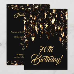 Invitation 70e anniversaire en noir avec des étoiles brillant
