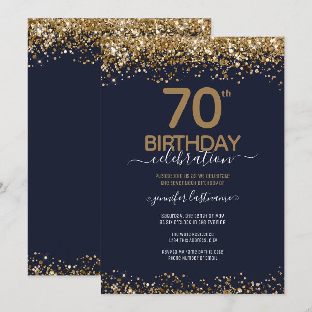 Invitation 70e anniversaire fête Bleu et Or (Devant / Derrière)