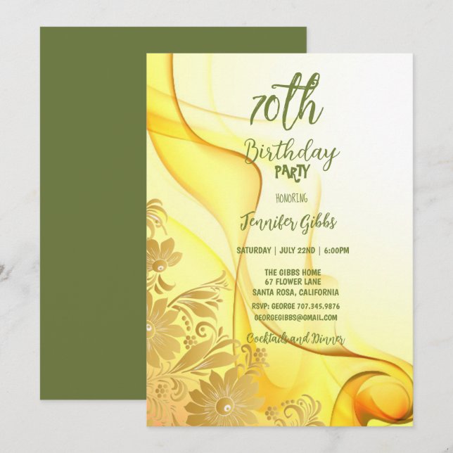 Invitation 70e anniversaire fête Fleurs jaunes et tourbillons (Devant / Derrière)