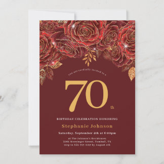 Invitation 70e anniversaire Fleurs élégantes Or Bourgogne