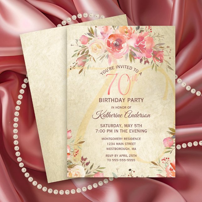 Invitation 70e anniversaire Floral Rose Roses Gold Shimmer Pa (Chic Pink Rose Floral Gold Shimmer 70th Birthday Party Invitation)