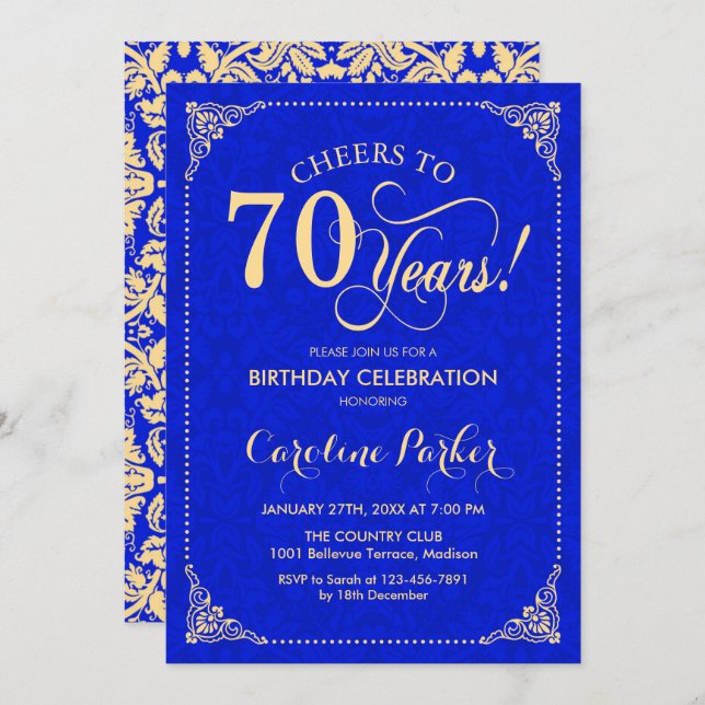 Invitation 70e anniversaire - Gold Royal Blue Damask (Devant / Derrière)