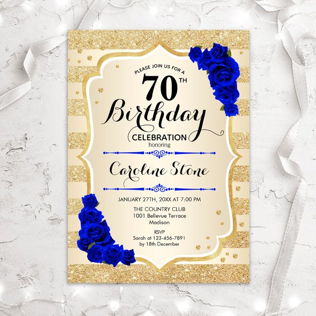 Invitation 70e anniversaire - Gold Stripes Royal Blue Roses (Créateur téléchargé)