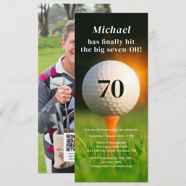 Invitation 70e Anniversaire Golf Soixante-dix Photo QR Code (Devant / Derrière)