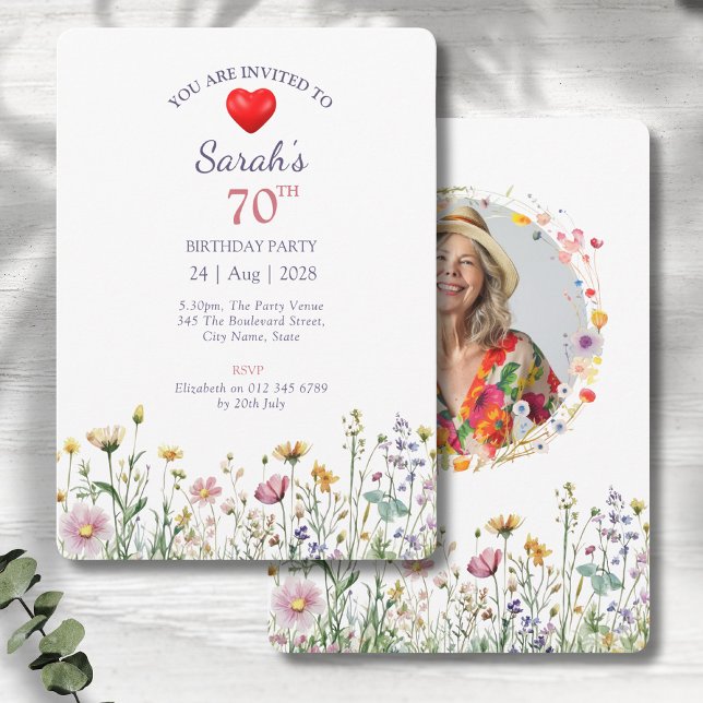 Invitation 70e anniversaire Jardin Floral Wild Meadow Photo (70th birthday party invitations with a wild garden meadow floral design on a grey wood background)