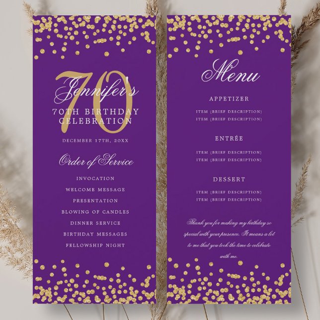 Invitation 70e Anniversaire Menu Merci Gold Purple (70th Birthday Program Menu Thank You Gold Purple )