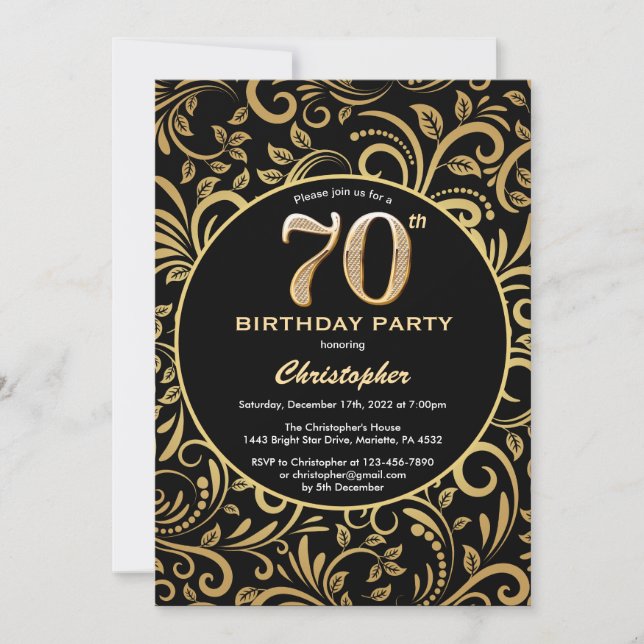 Invitation 70e anniversaire Modèle floral noir et or (Devant)