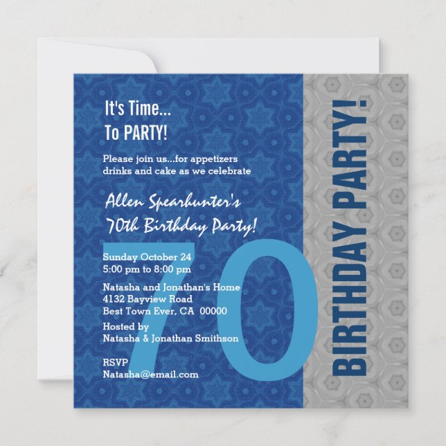 Invitation 70e anniversaire moderne argent et bleu drôle D848 (Devant)
