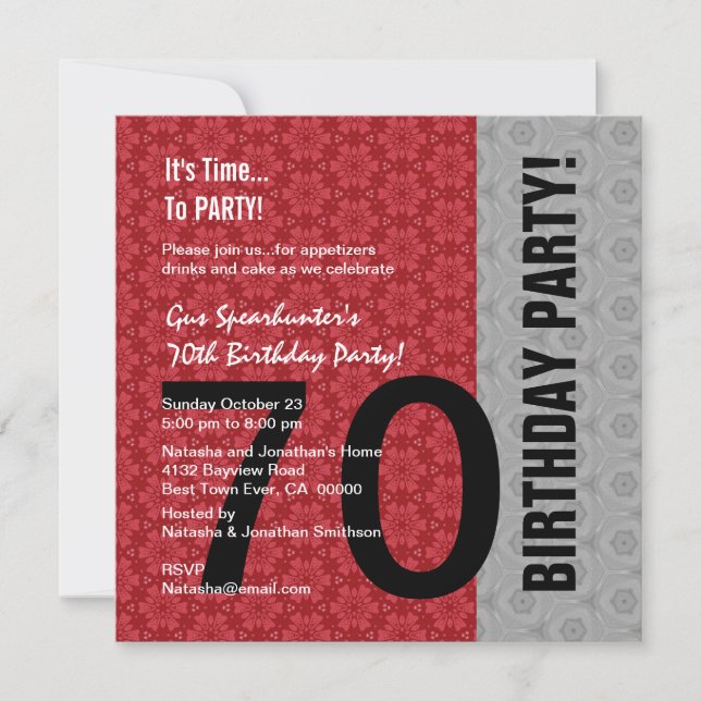 Invitation 70e anniversaire Moderne Argent Rouge Noir Funny D (Devant)