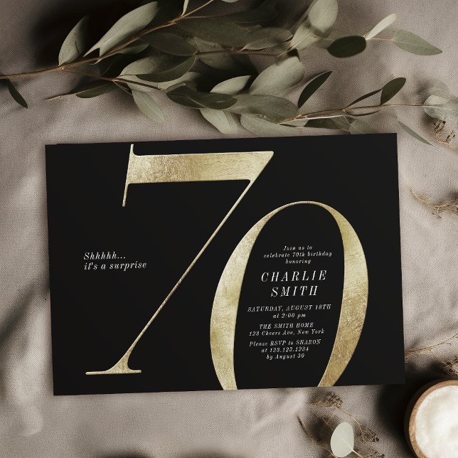 Invitation 70e anniversaire moderne minimaliste noir et or (Modern minimalist black and gold 70th birthday invitation)