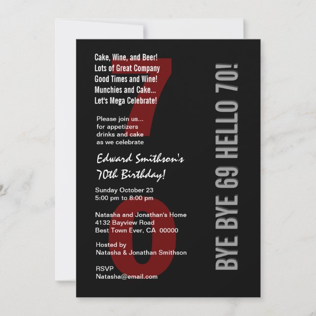 Invitation 70e anniversaire moderne Noir Argent Blanc Rouge W (Devant)