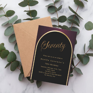 Invitation 70e anniversaire noir bordeaux or arc script