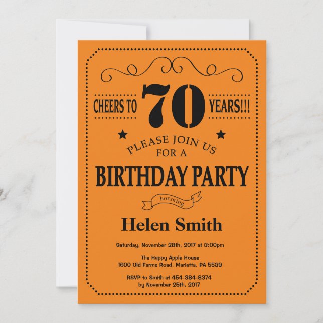 Invitation 70e anniversaire Noir et orange (Devant)
