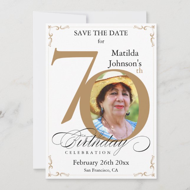Invitation 70e Anniversaire Or Blanc Enregistrer La Date Pers (Devant)