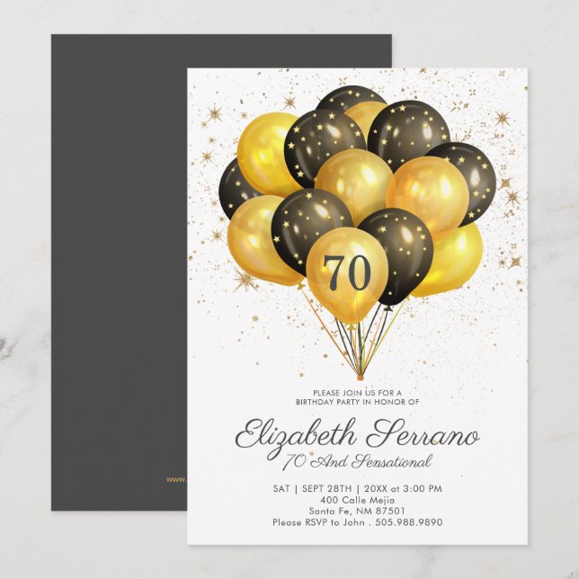 Invitation 70e anniversaire Parties scintillant Noire et Or I (Devant / Derrière)