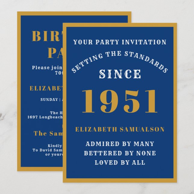 Invitation 70e anniversaire personnalisé 1951 Elégant Blue Go (Devant / Derrière)
