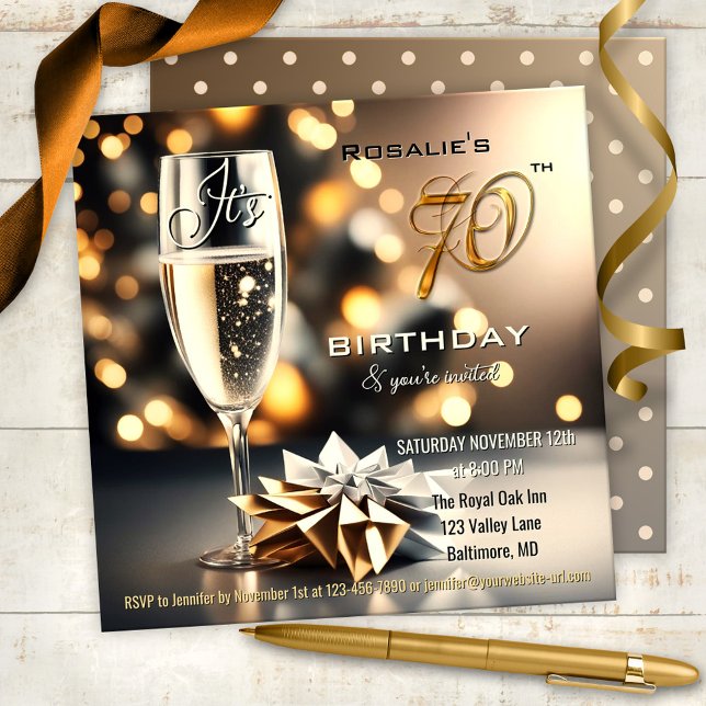 Invitation 70e anniversaire pétillant et festif (Chic and festive 70th birthday party invitation featuring a sparkling beverage on a bokeh background)