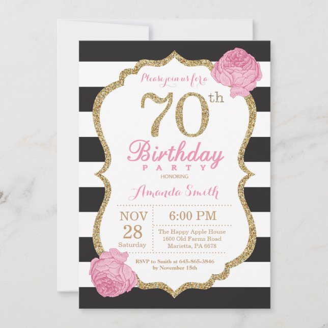 Invitation 70e anniversaire Pink Black Gold Floral (Devant)