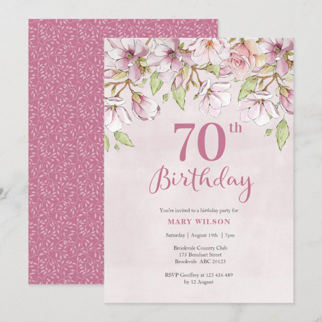 Invitation 70e anniversaire Pink Floral (Devant / Derrière)