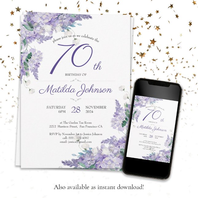 Invitation 70e anniversaire Purple Floral Wisteria Botanical  (70th Birthday Purple Floral Wisteria Botanical Invitation)