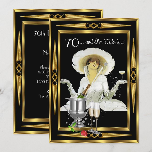 Invitation 70e anniversaire Retro Diva Art Déco Black Gold (Devant / Derrière)