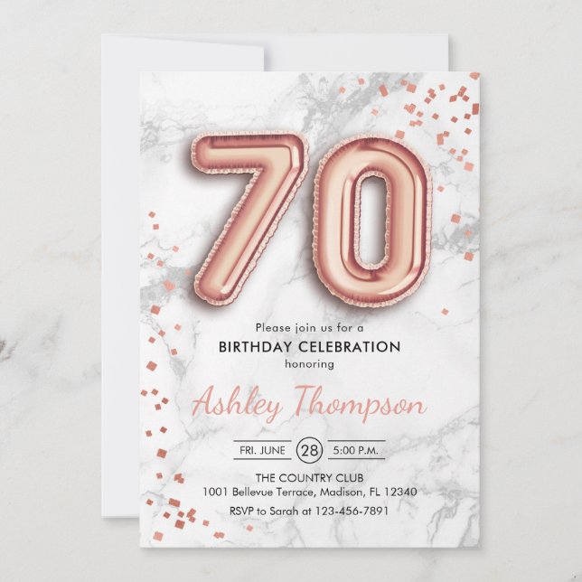 Invitation 70e anniversaire - Rose Ballons d'or effet de marb (Devant)