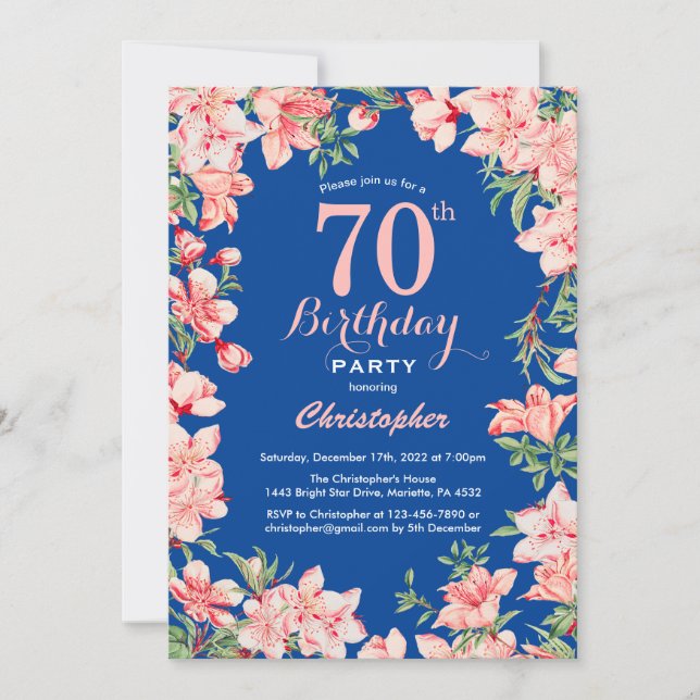 Invitation 70e anniversaire rose fleurs florales bleu (Devant)