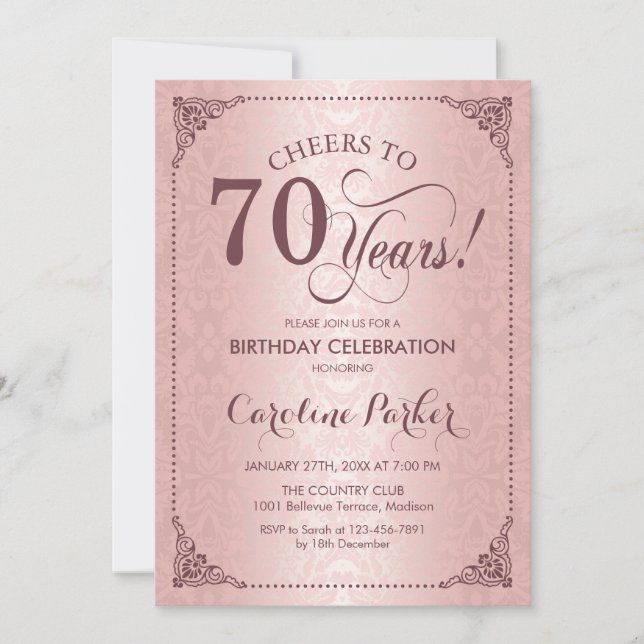 Invitation 70e anniversaire - Rose Gold Damask (Devant)