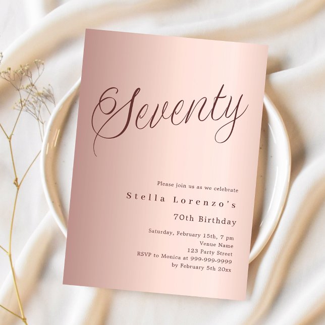 Invitation 70e anniversaire rose or script simple luxe (Créateur téléchargé)