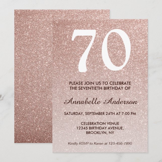 Invitation 70e anniversaire Rose Rose Parties scintillant or  (Devant / Derrière)