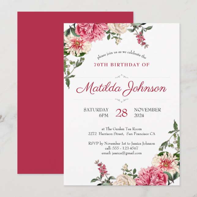 Invitation 70e anniversaire rose rouge floral élégant (Devant / Derrière)