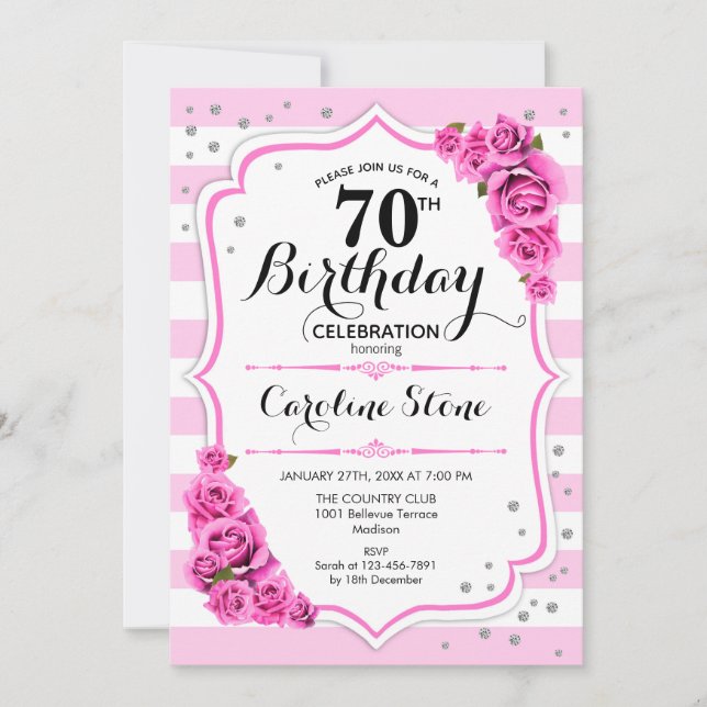 Invitation 70e anniversaire - Rose White Stripes Rose (Devant)