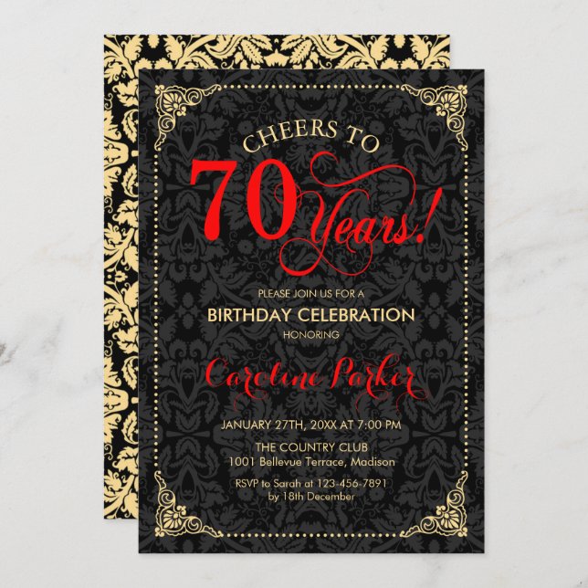 Invitation 70e anniversaire - Rouge Gold Black Damask (Devant / Derrière)