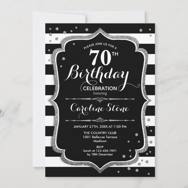 Invitation 70e anniversaire - Silver Black White Stripes (Devant)