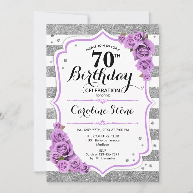 Invitation 70e anniversaire - Silver White Stripes Purple Ros (Devant)