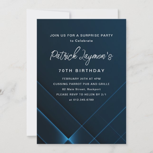 Invitation 70e anniversaire Surprise Party bleu foncé géométr (Devant)