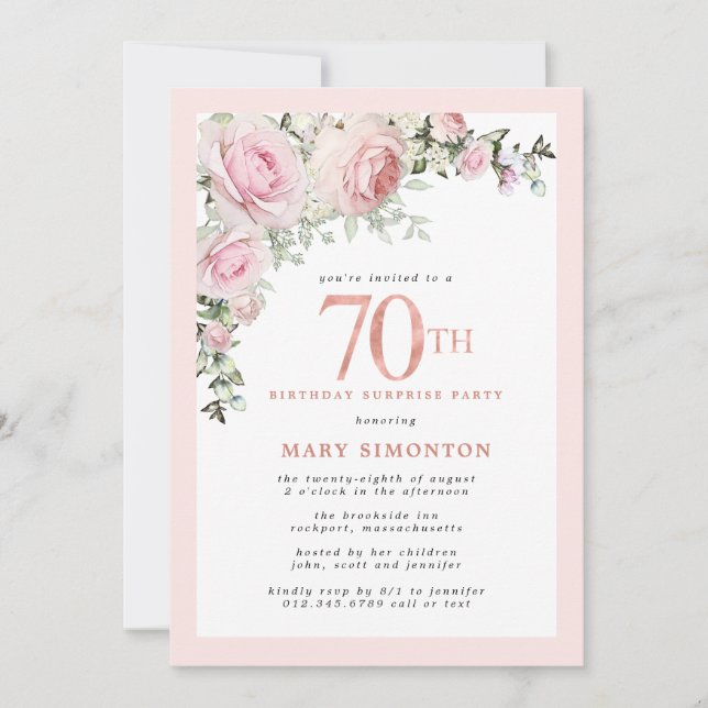 Invitation 70e anniversaire Surprise Party Blush rose floral (Devant)