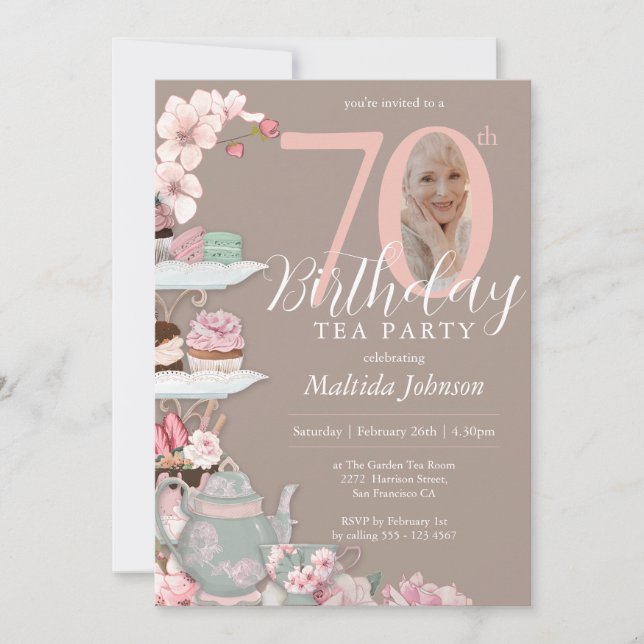 Invitation 70e anniversaire Tea Party Pink Floral Photo perso (Devant)
