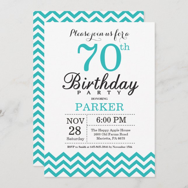 Invitation 70e anniversaire Turquoise Chevron (Devant / Derrière)