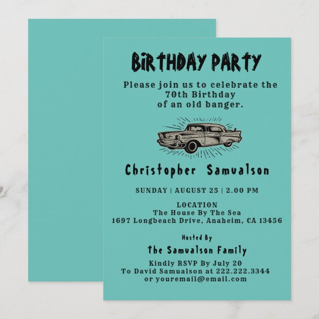 Invitation 70e anniversaire Vieux Banger Voiture passionné Vi (Devant / Derrière)